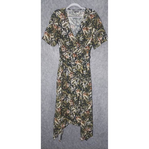 Banana Republic Dresses & Skirts - Banana Republic Wrap Dress Women 8 Olive Tiger Tropical Leaf Belt Midi Sharkbite